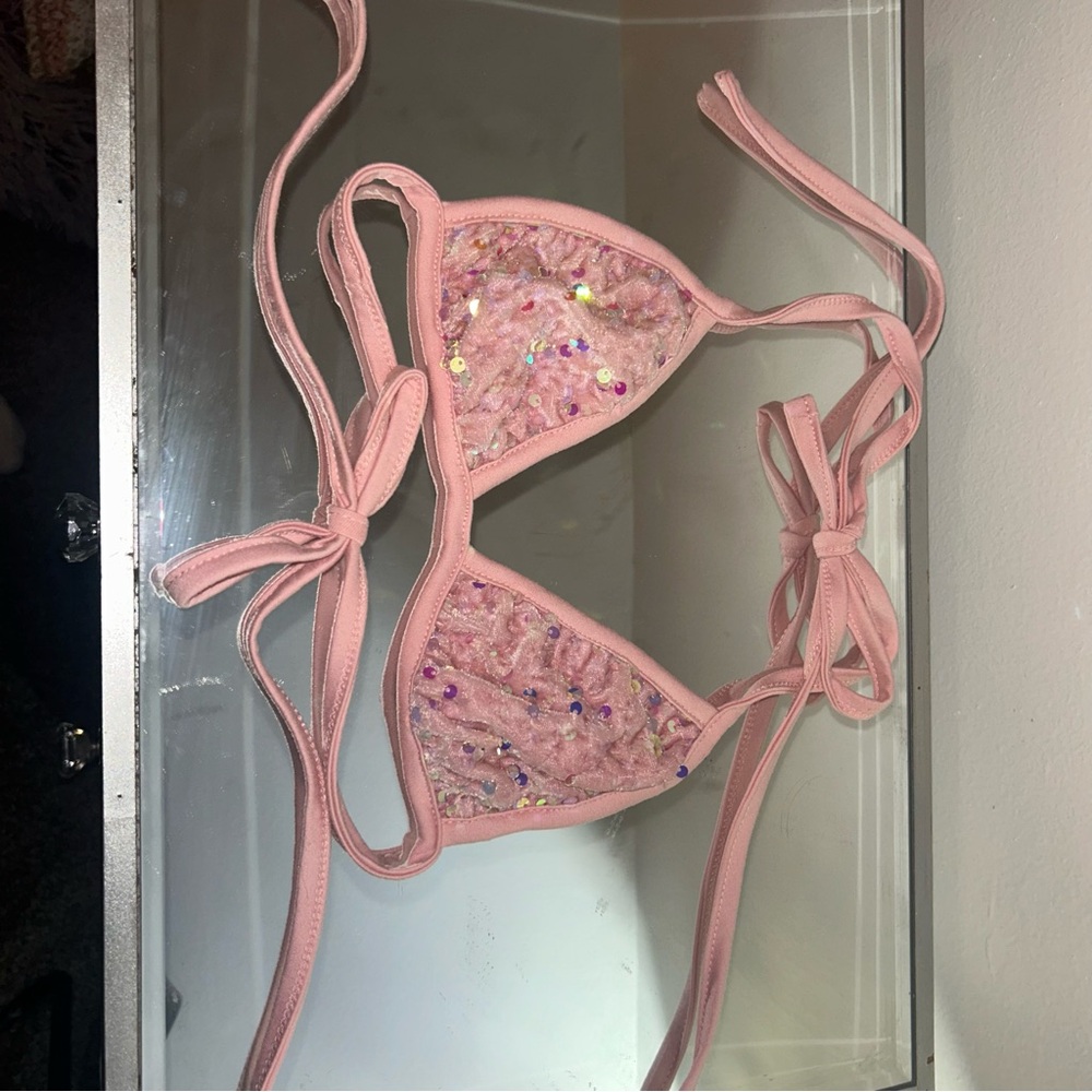 Sequin Embellished Sequins Velvet Pink Bralette Bikini Top